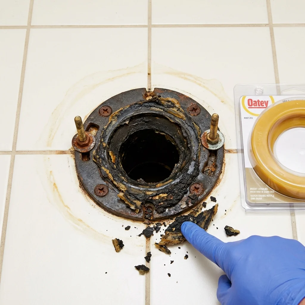 Failed wax ring showing water seepage at the base of a toilet in a Fredericksburg, TX home