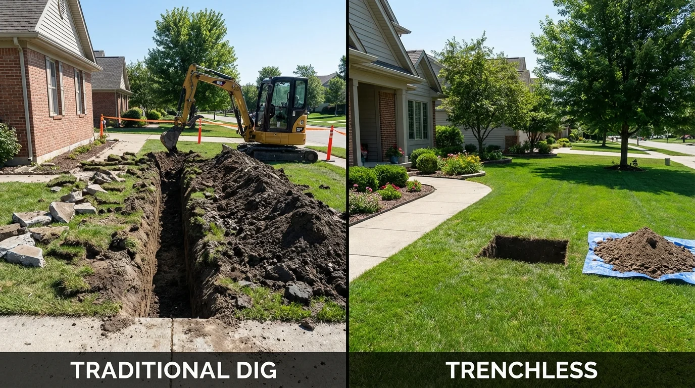 Trenchless sewer repair with minimal yard damage versus traditional excavation in Fredericksburg, TX