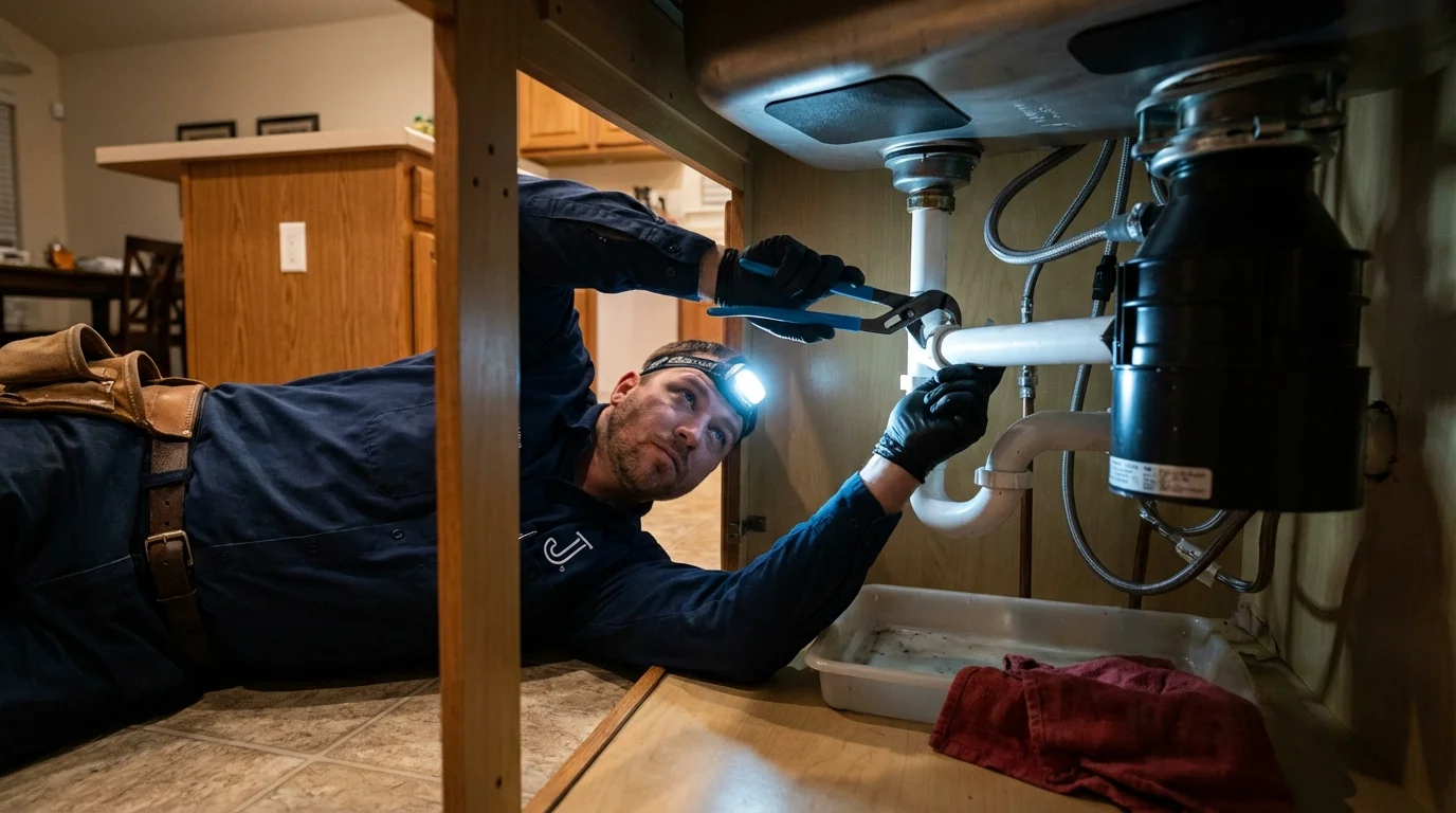 P-trap and supply line connections under a kitchen sink showing a common leak point in Fredericksburg, TX